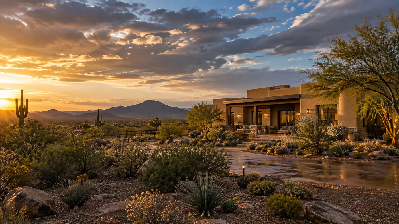 wittmann-photographic-acreage-v1 Southwestern acreage home against the desert mountains at golden hour