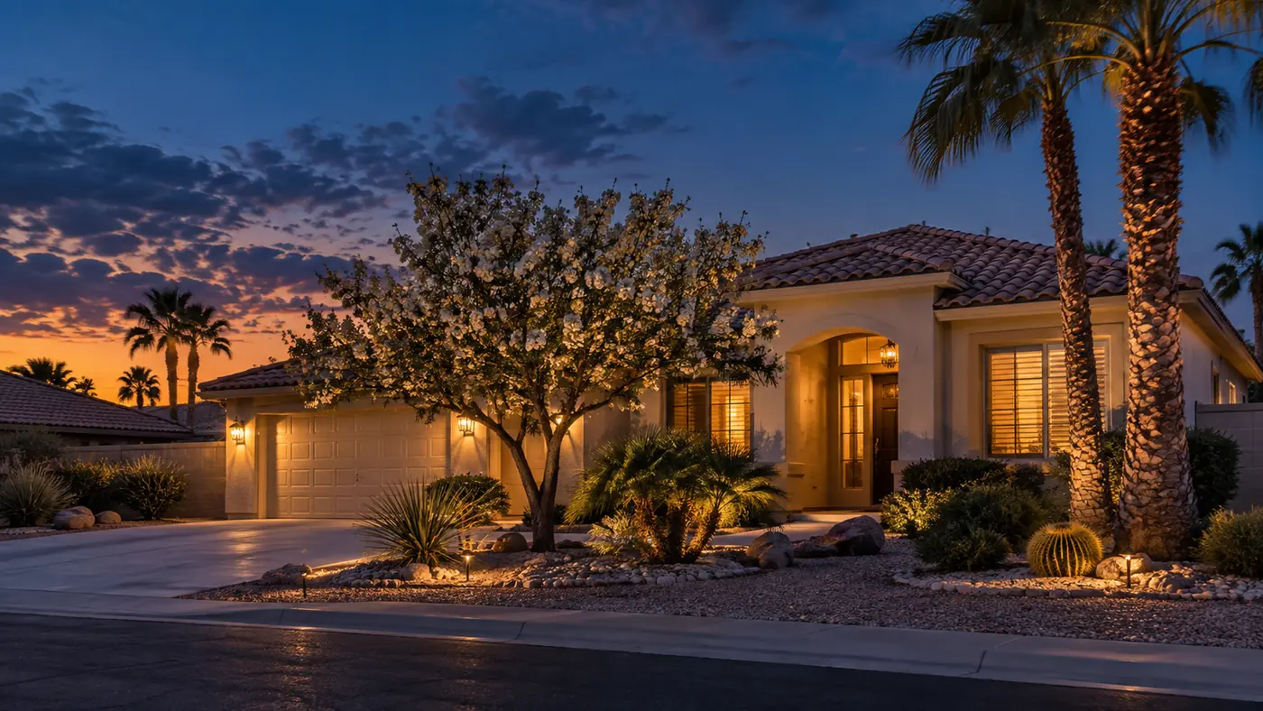 youngtown-photographic-residence-v1 Single-story Arizona home with mature palms and desert landscaping at twilight