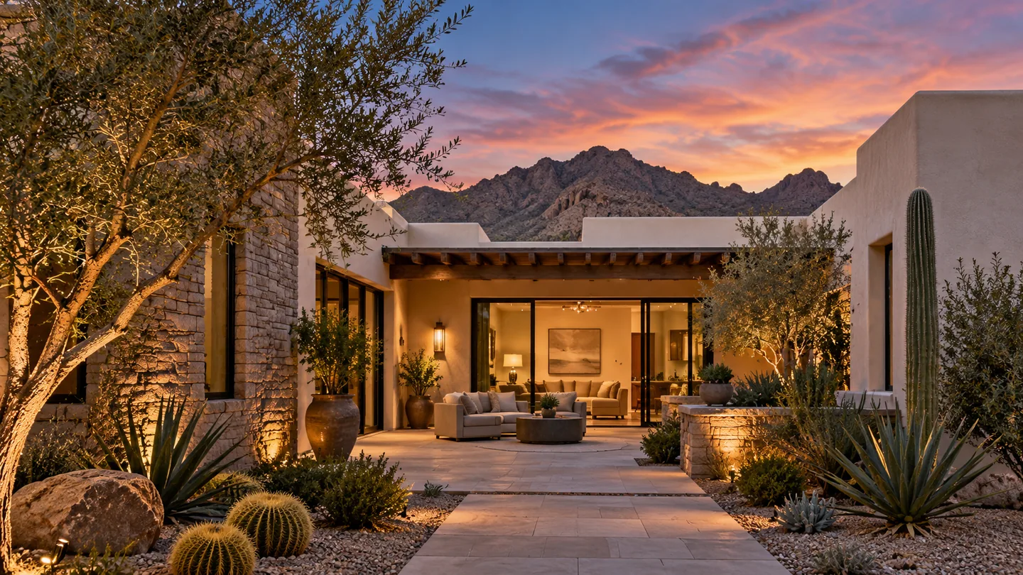 Illustrative Arizona home with a landscaped courtyard and warm interior lighting at sunset.
