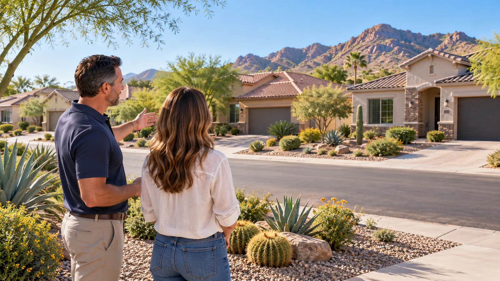 Illustrative real estate agent comparing nearby homes with a homeowner in an Arizona neighborhood.