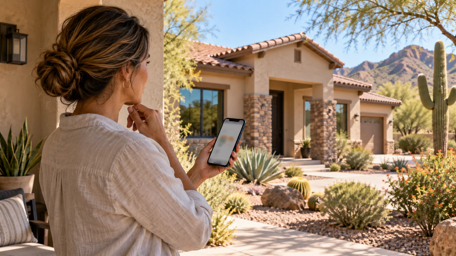 Illustrative Arizona homeowner using a phone to compare an online home estimate with the actual property.