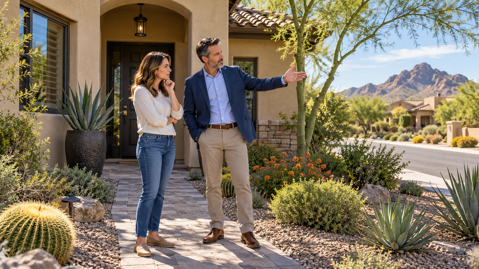 Illustrative real estate agent walking a Phoenix-area homeowner through the home’s curb appeal.