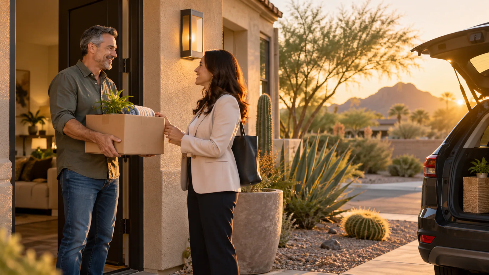 Illustrative homeowner preparing to move from a Phoenix-area home with a real estate agent.