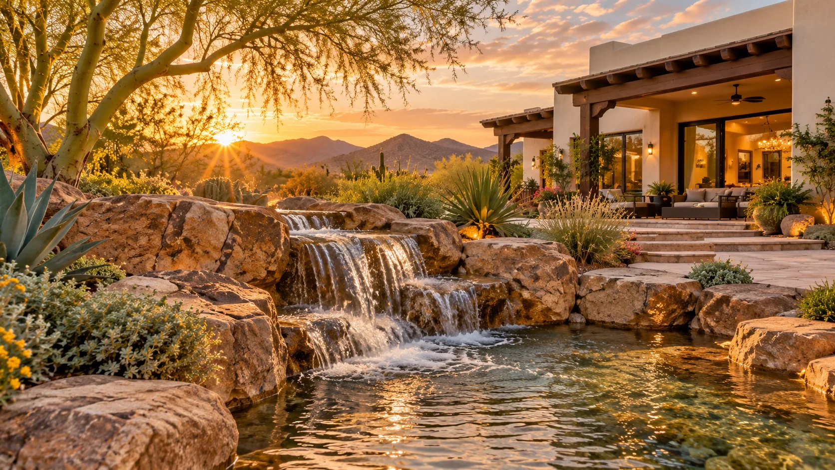 Arizona Home with Desert Water Feature Illustrative Arizona home with a cascading rock water feature and desert landscape at sunset
