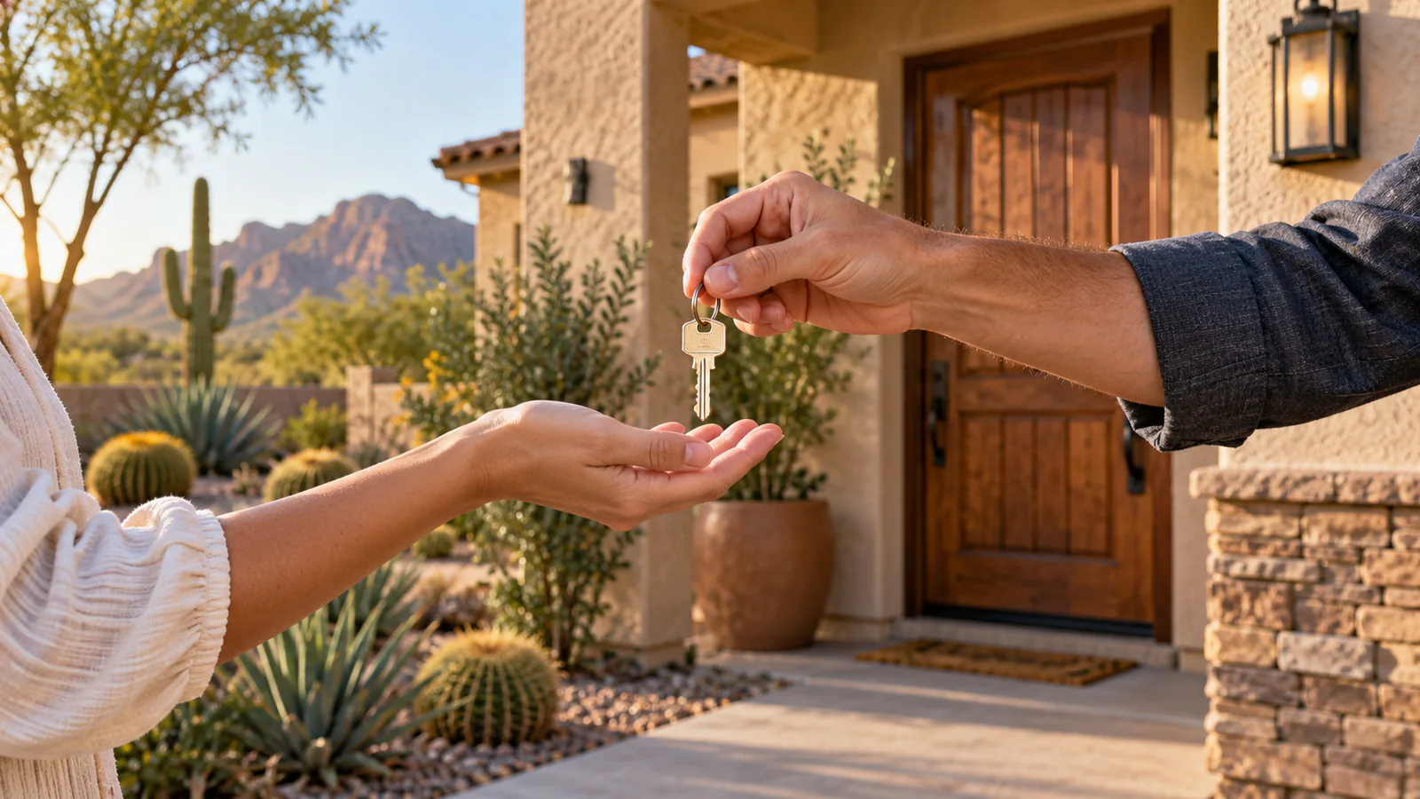 Illustrative key handoff at an Arizona stucco home, representing a successful transfer after title issues are resolved.